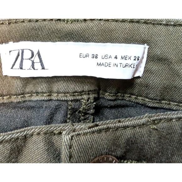 ZARA Womens 4 Olive Zip Pocket Pleated Straight Jeans Y2K 90s Baddie Biker Moto - Picture 4 of 6